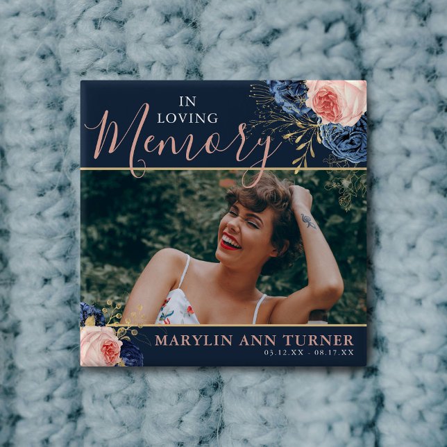 Botanical Pink & Navy Florals Elegant Memorial Button (Creator Uploaded)