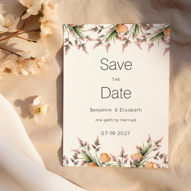 Botanical pink orange summer flowers Save the Date Invitation (Botanical pink orange summer flowers Save the Date )
