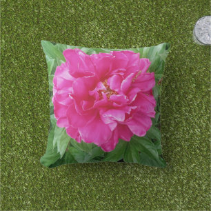 Botanical Pink Peony Green Leaves Outdoor Pillow