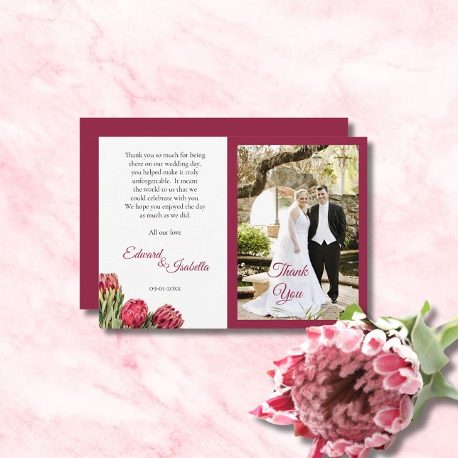 Botanical Pink Protea Floral Burgundy Photo  Thank Thank You Card (Creator Uploaded)