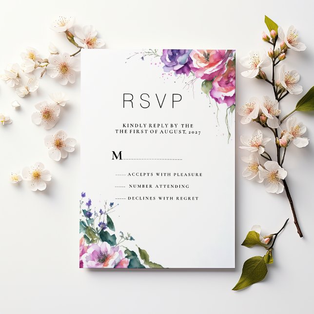 Botanical pink purple coral green floral RSVP Invitation (Botanical pink purple coral green floral RSVP)