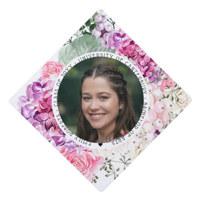 Botanical Pink Purple Floral Photo Graduation Grad Cap Topper (Front)