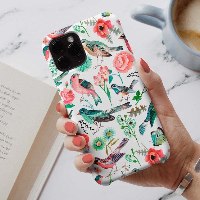 Botanical pink red and green Flowers Birds Pattern Case-Mate iPhone Case (Creator Uploaded)