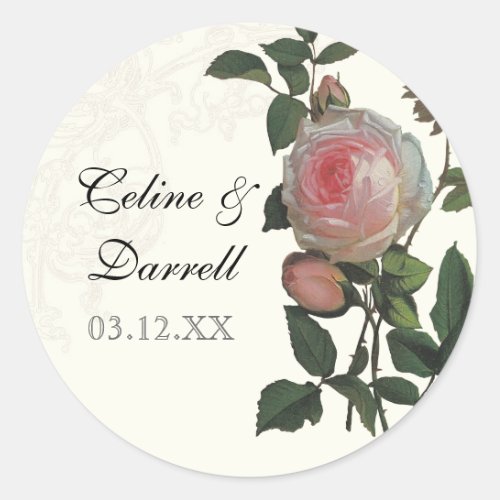 Botanical Pink Rose Black Wedding Sticker or Seal