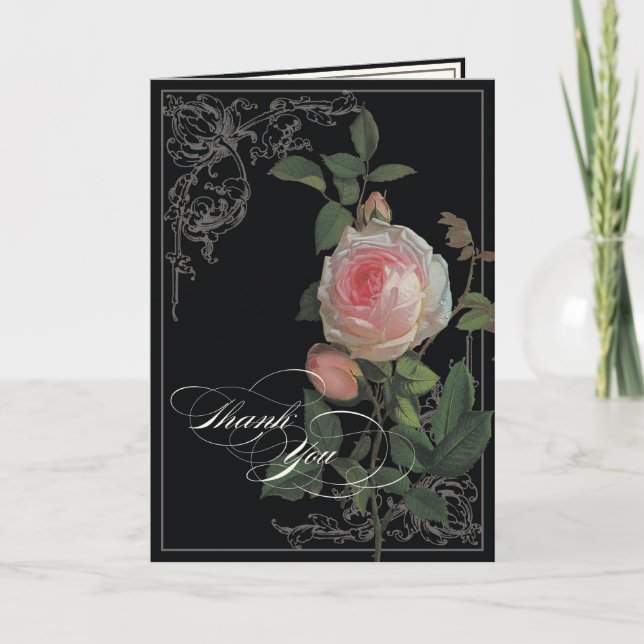 Botanical Pink Rose, Black Wedding Thank You Notes (Front)