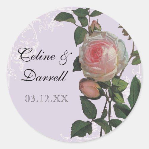 Botanical Pink Rose Lilac Wedding Sticker or Seal