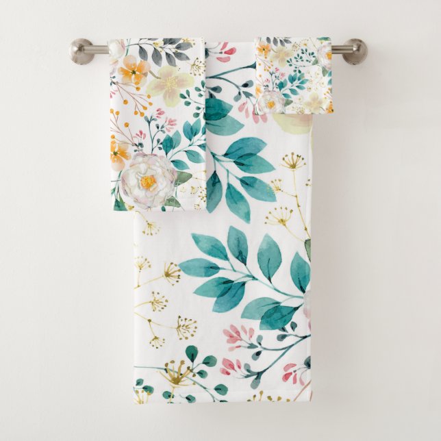 Botanical pink teal white orange floral bath towel set (Insitu)