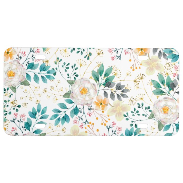 Botanical pink teal white orange floral license plate (Front)