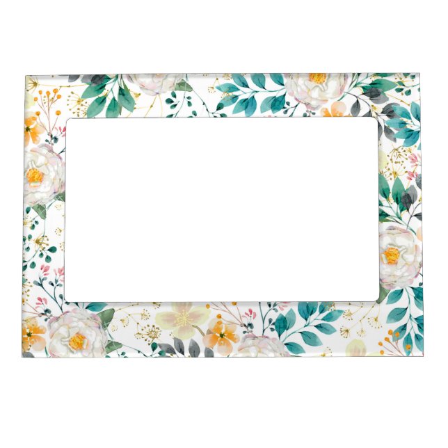 Botanical pink teal white orange floral magnetic frame (Front)
