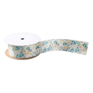 Botanical pink teal white orange floral satin ribbon