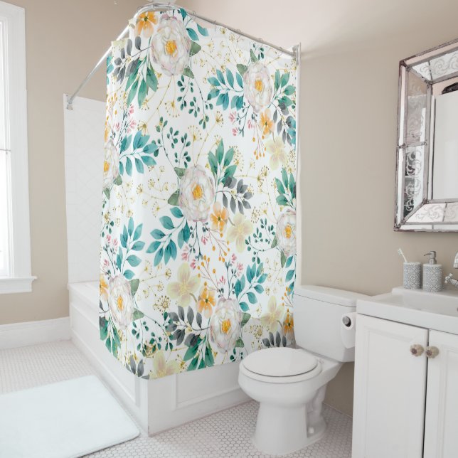 Botanical pink teal white orange floral shower curtain (In Situ)