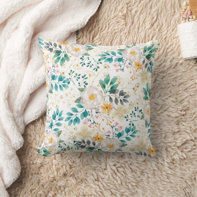 Botanical pink teal white orange floral throw pillow (Blanket)