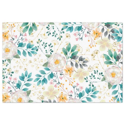 Botanical pink teal white orange floral tissue paper