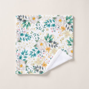 Botanical pink teal white orange floral wash cloth