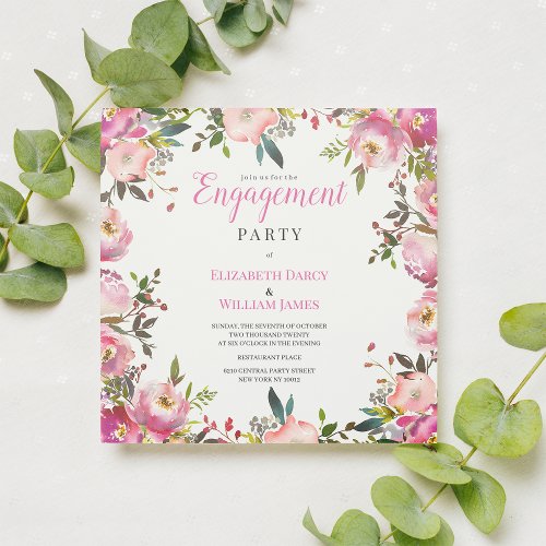 Botanical pink watercolor floral Engagement Party  Invitation