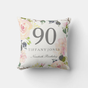 Botanical Pink Watercolor Florals 90th Birthday Throw Pillow