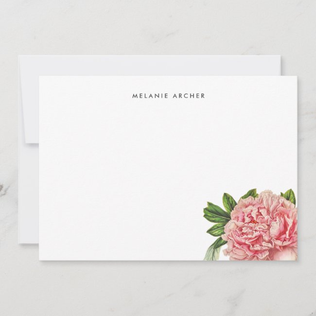 Botanical Pink Watercolor Peony Personalized Note Card