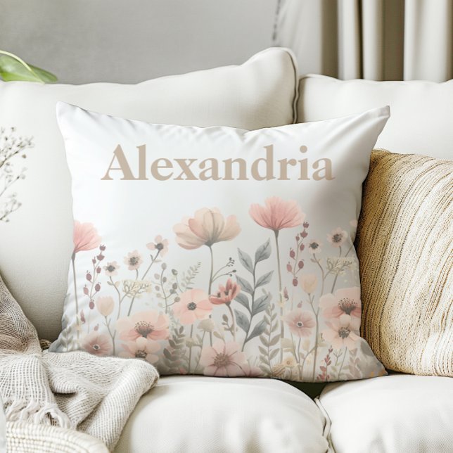 Botanical Pink Watercolor Wildflowers Throw Pillow (pretty watercolor wildflower pillow)