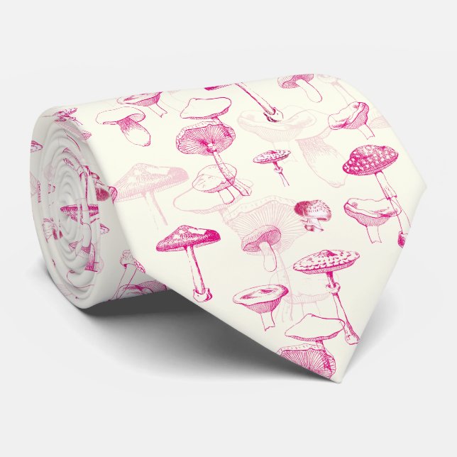 Botanical Pink White Forest Mushroom Pattern Neck Tie (Rolled)