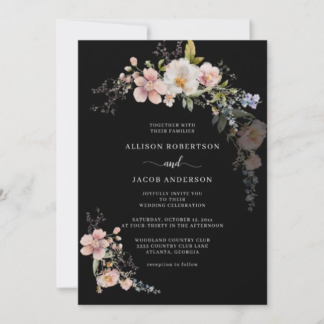 Botanical Pink Wildflower Floral Black Wedding Invitation (Front)