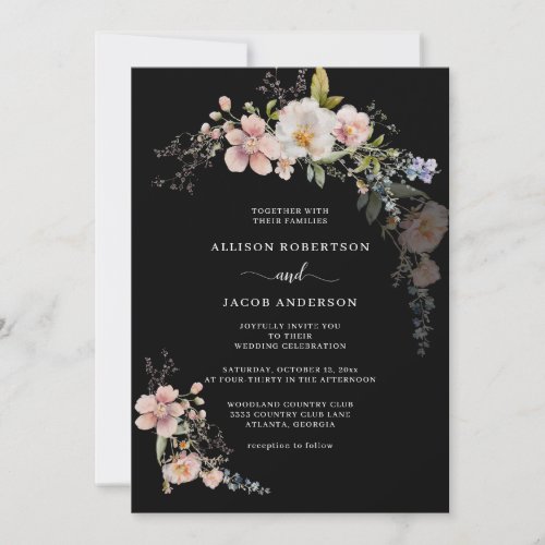 Botanical Pink Wildflower Floral Black Wedding Invitation