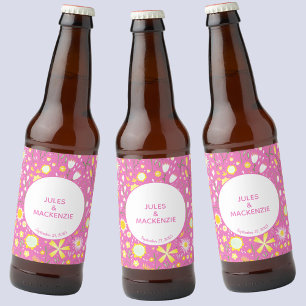 Botanical Pink Wildflower Floral Pattern Wedding Beer Bottle Label