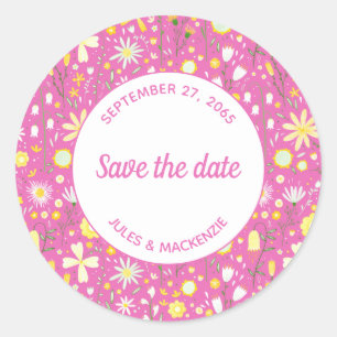 Botanical Pink Wildflower Floral Save the Date Classic Round Sticker