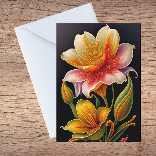 Botanical Pink Yellow Lily Illustration Blank Note Card