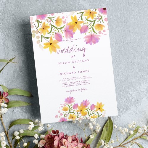 Botanical pink yellow watercolor floral wedding invitation