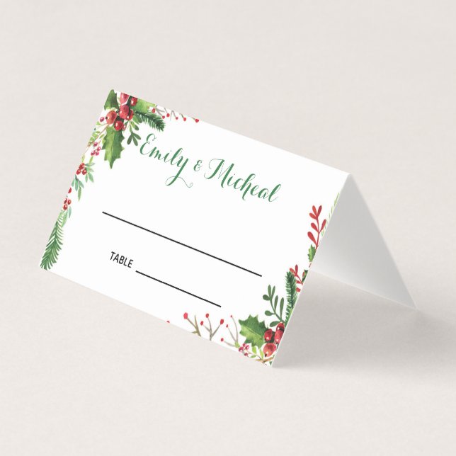 Botanical place card seating red green watercolor (Front)