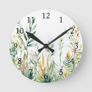 Botanical Plants Green White Design 311 Round Clock