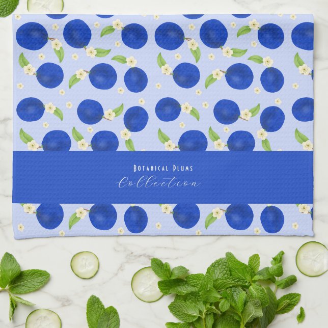 Botanical Plums Collection Blue Kitchen Towel (Folded)