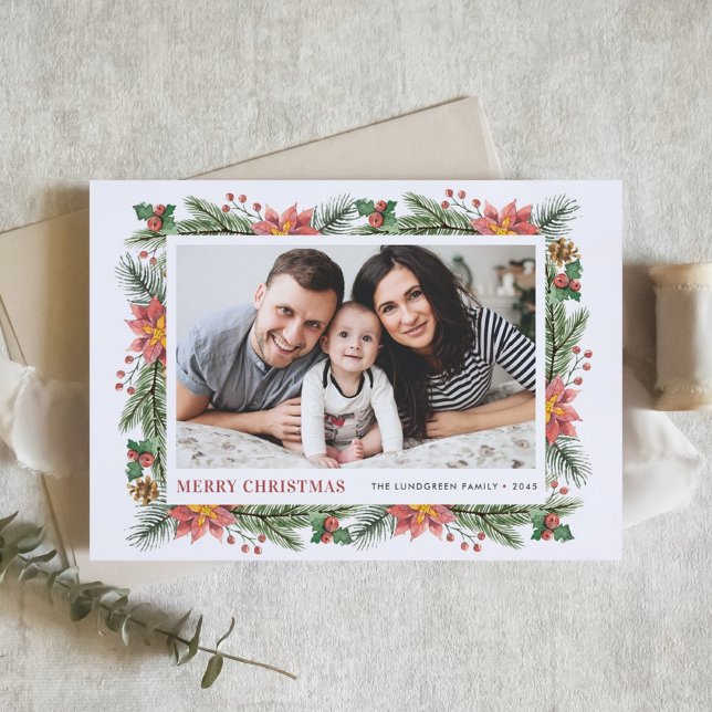 Botanical Poinsettia and Greenery Photo Christmas Holiday Card (Customizable Photo Christmas Card Featuring Watercolor Pine Needles, Pine Cones and Poinsettia)