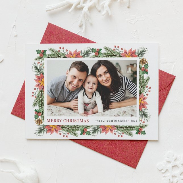 Botanical Poinsettia and Greenery Photo Christmas Holiday Card (Customizable Photo Christmas Card Featuring Watercolor Pine Needles, Pine Cones and Poinsettia)