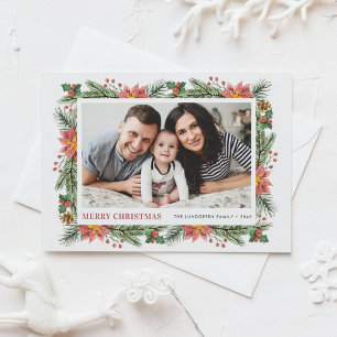 Botanical Poinsettia and Greenery Photo Christmas Holiday Postcard