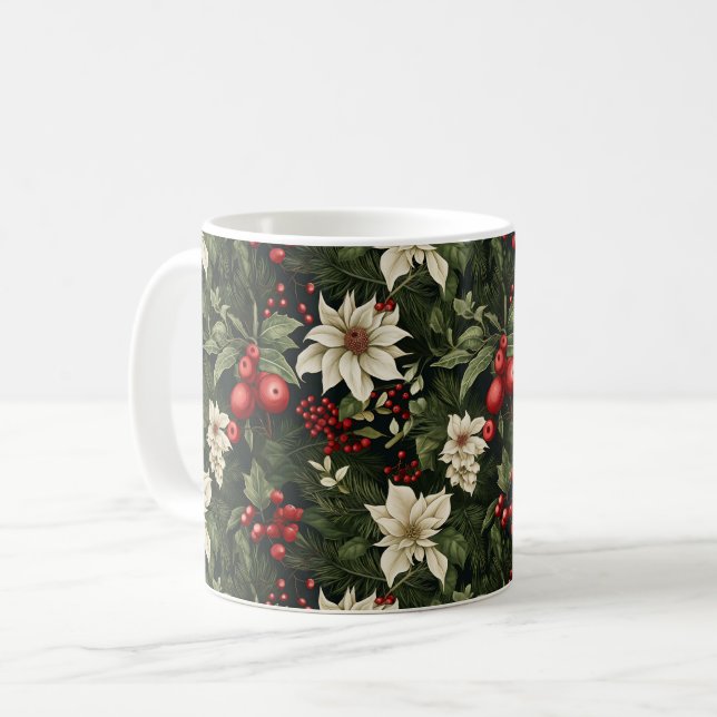 Botanical Poinsettia Christmas Pattern Coffee Mug (Front Left)