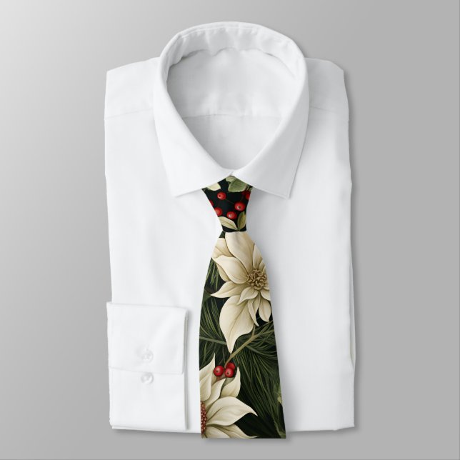 Botanical Poinsettia Christmas Pattern Neck Tie (Tied)