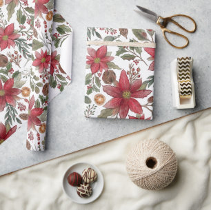 Botanical Poinsettia Rustic Christmas Wrapping Paper