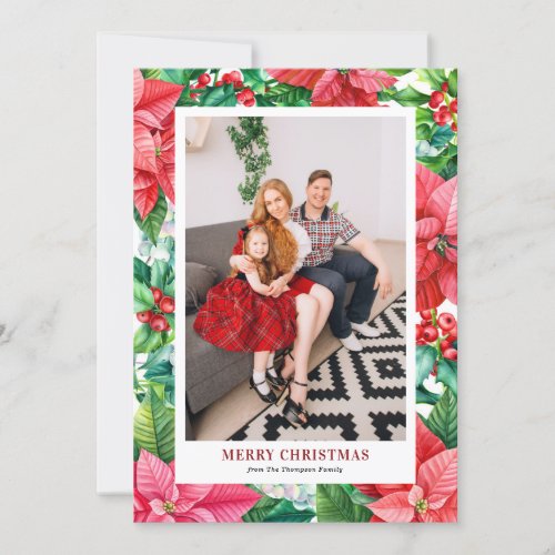 Botanical Poinsettias Frame Photo Merry Christmas Holiday Card