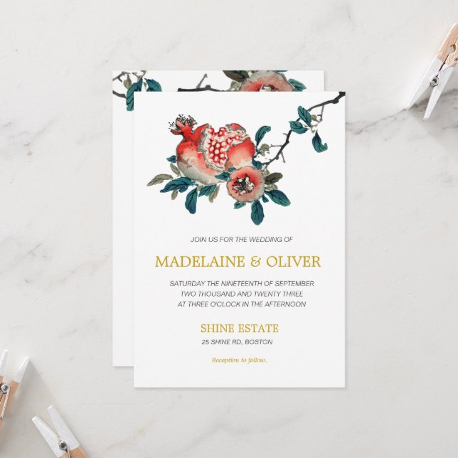 Botanical Pomegranate Elegant Gold Wedding Invitation (Front/Back In Situ)