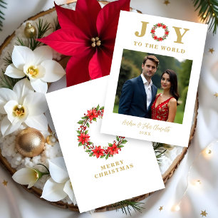 Botanical Ponsettia Christmas Wreath Photo Family Holiday Card