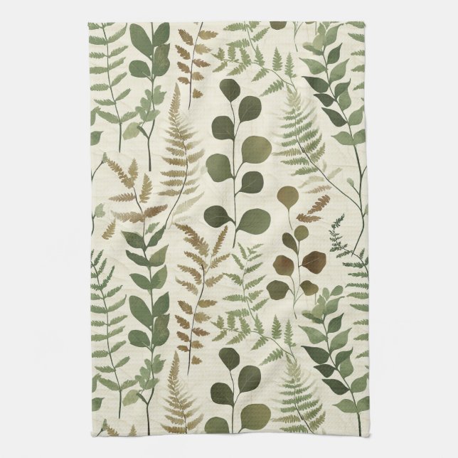 Botanical Pressed Leaves Pattern – Fern Print Kitchen Towel (Vertical)