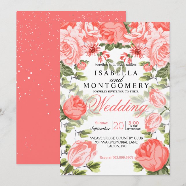 Botanical  Pretty Coral Floral Wedding Invitation (Front/Back)