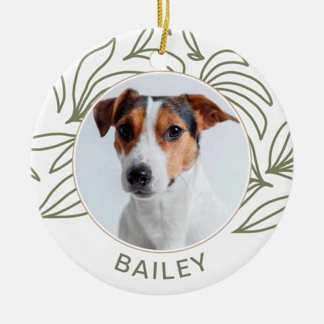 Botanical Print Dog Photo and Name Christmas Ceramic Ornament (Front)