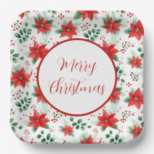 Botanical Print Red Poinsettias Watercolor Pattern Paper Plates