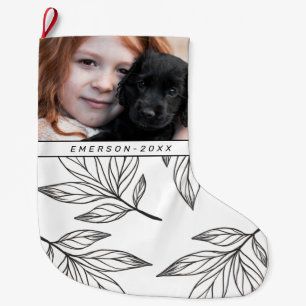 Botanical Print with Photo and Name Black Large Christmas Stocking