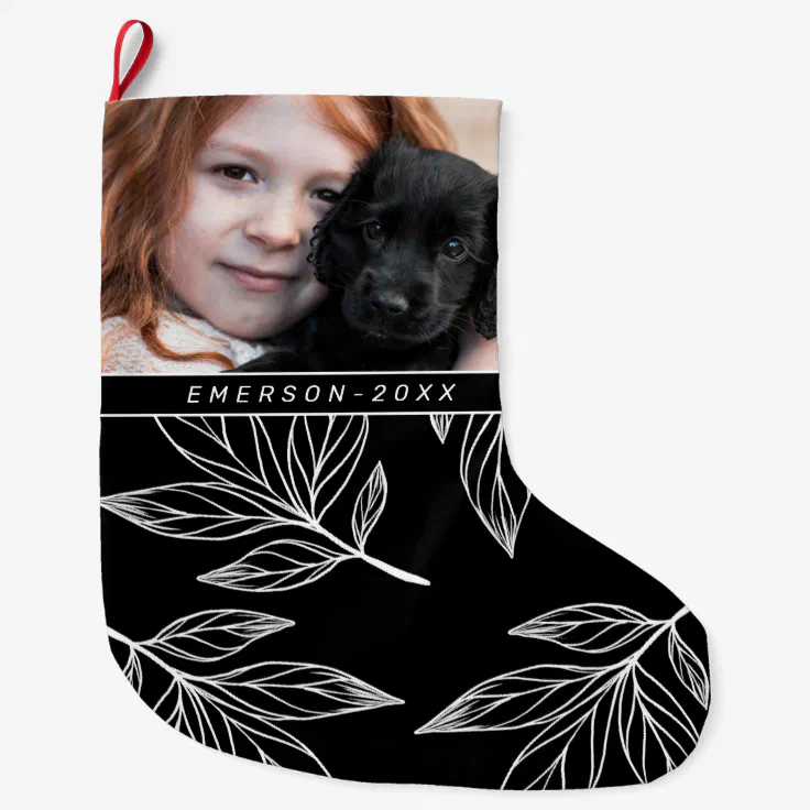 Botanical Print with Photo and Name Black Large Christmas Stocking