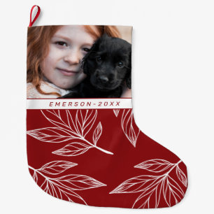 Botanical Print with Photo and Name Red Holiday Large Christmas Stocking