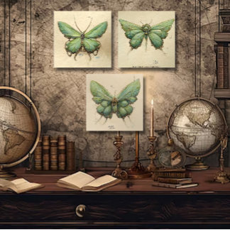 Botanical Prints of a Trio of Green Butterflies Acrylic Photo Tile