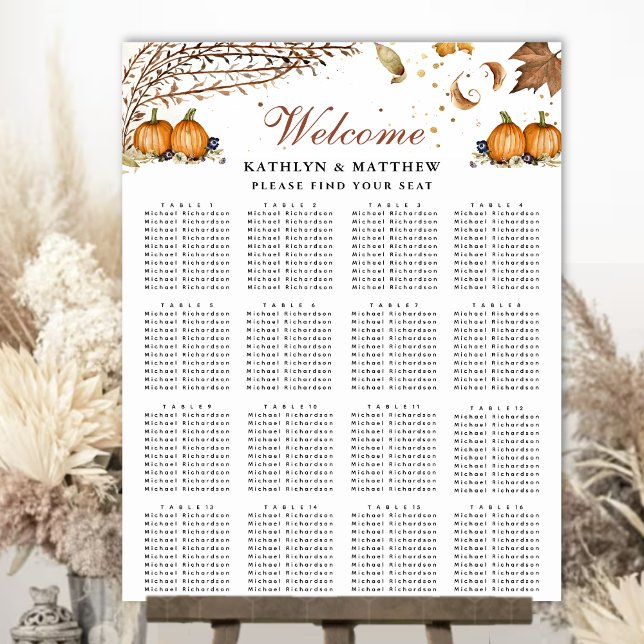 Botanical Pumpkin Autumn Wedding 16 Table Seating Poster (Creator Uploaded)